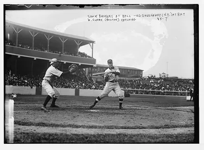 Stock Brokers Ball Game (N.Y. - Boston), N.G. Greenaway (N.Y.) at bat, W.Clark (Boston) catching