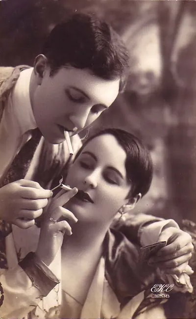 Couple sharing a cigarette, sepia postcard