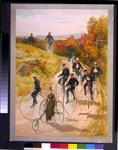 Bicycling / Hy Sandham ; aquarelle print by L. Prang & Co.