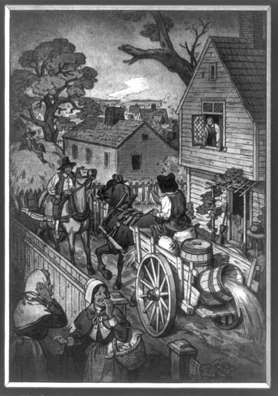 Colonial village street with horseman, cart, and barrels