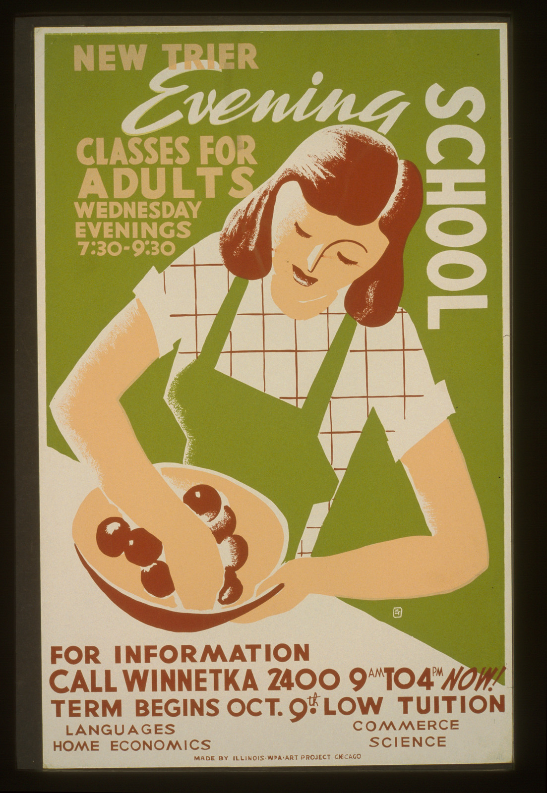 New Trier evening school Classes for adults Wednesday evenings 7:30 - 9:30., 1936 — vintage poster