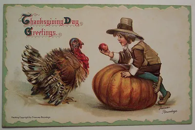Thanksgiving Day Greetings postcard with turkey, pilgrim boy, pumpkin