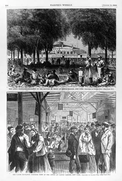 The Labor exchange--emigrants on the Battery in front of Castle Garden, New York ; The labor exchange--interior view of the office at Castle Garden, New York / sketched by Stanley Fox.