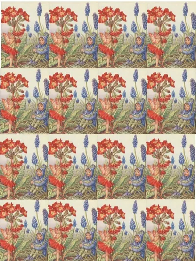 Repeated flower fairy pattern with red primulas and grape hyacinths