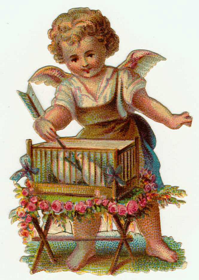 Cherub tending a birdcage among roses, die-cut scrap — historic image