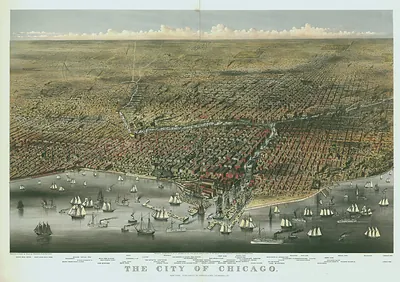 The City of Chicago, bird's eye view map