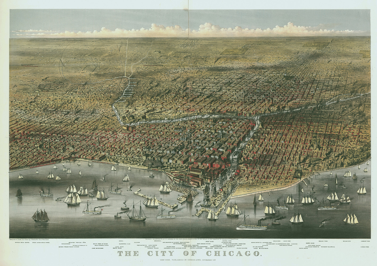 The City of Chicago, bird's eye view map — antique map