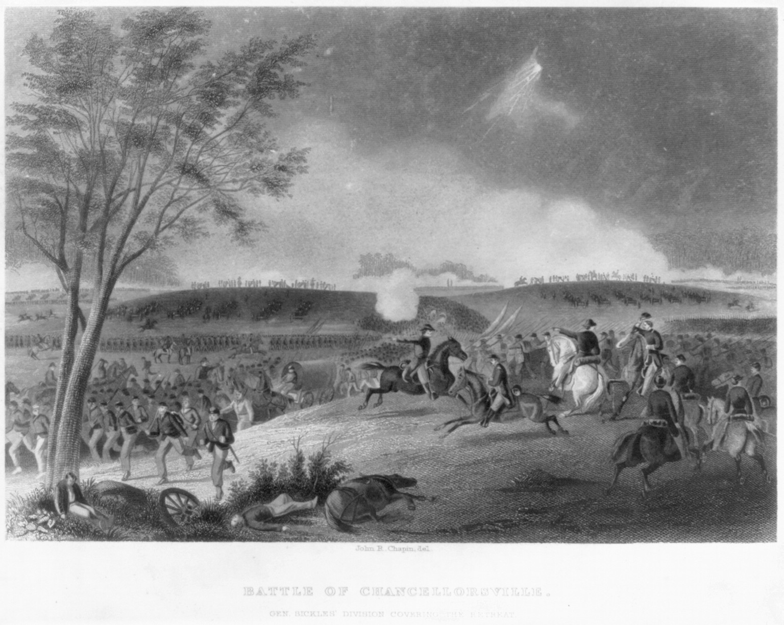 Battle of Chancellorsville. Gen. Sickles' Division covering the retreat — antique engraving