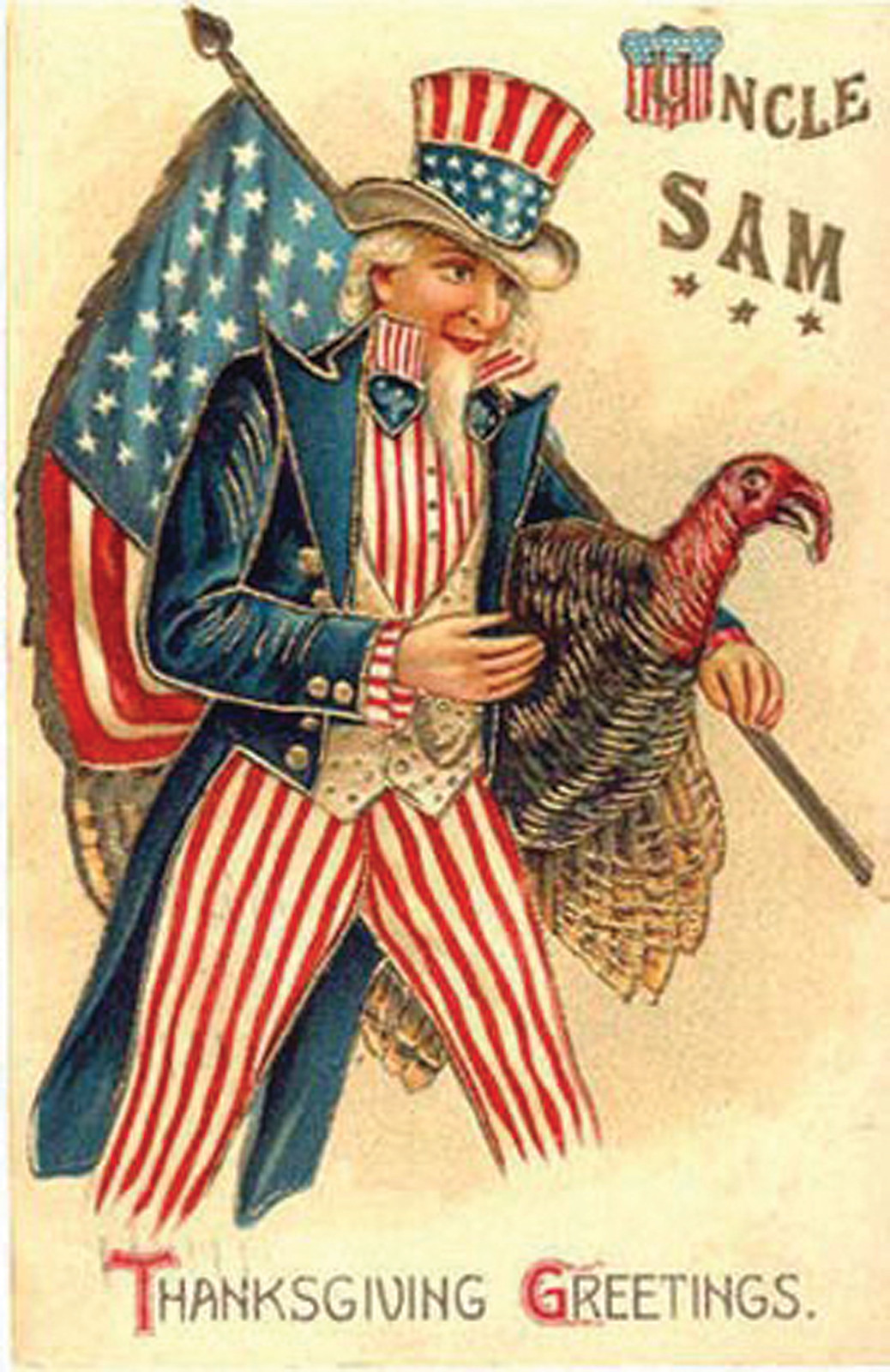 Uncle Sam with turkey, Thanksgiving Greetings postcard — vintage postcard