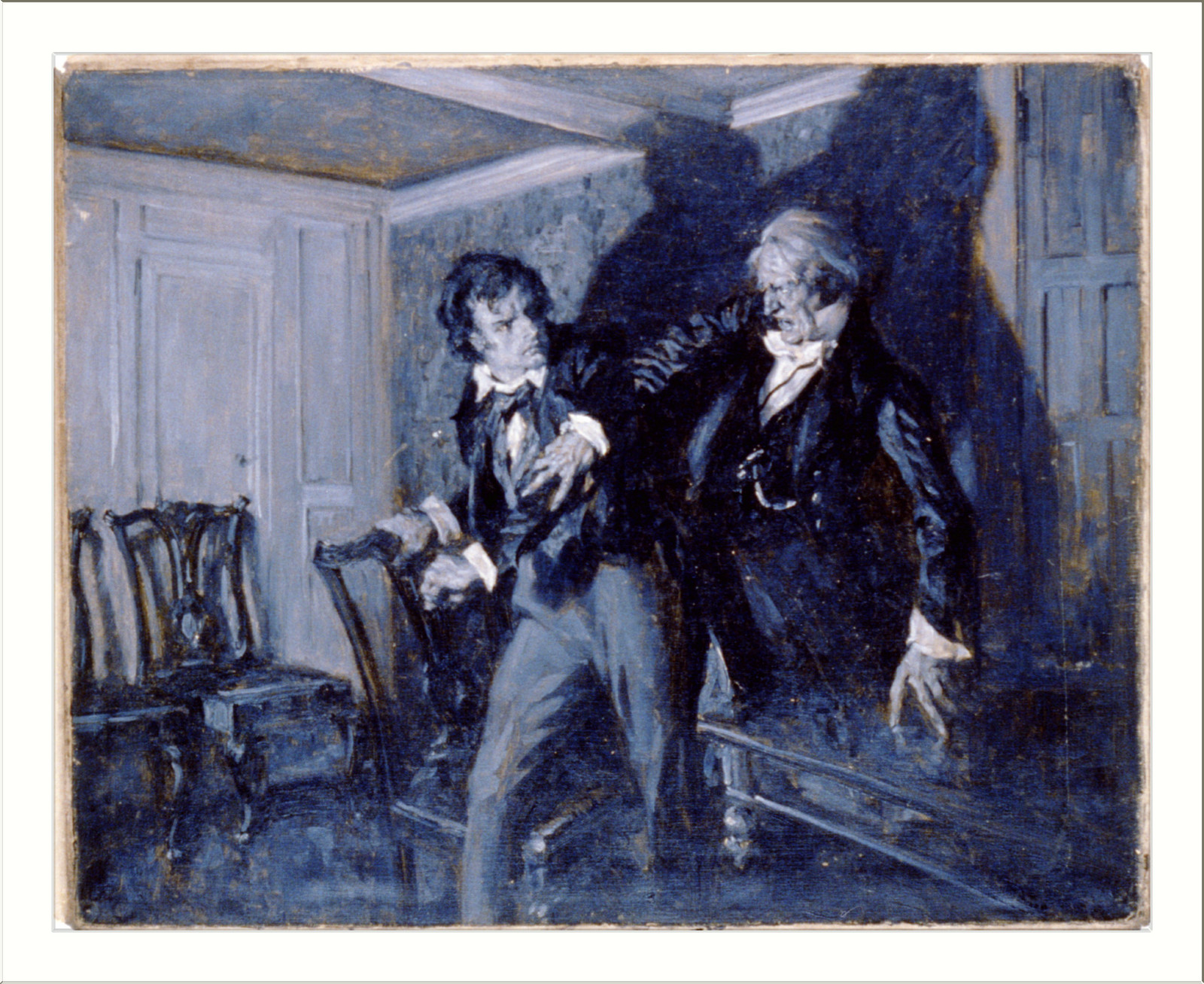 Two men in a dim room, one gripping the other's arm — historic image
