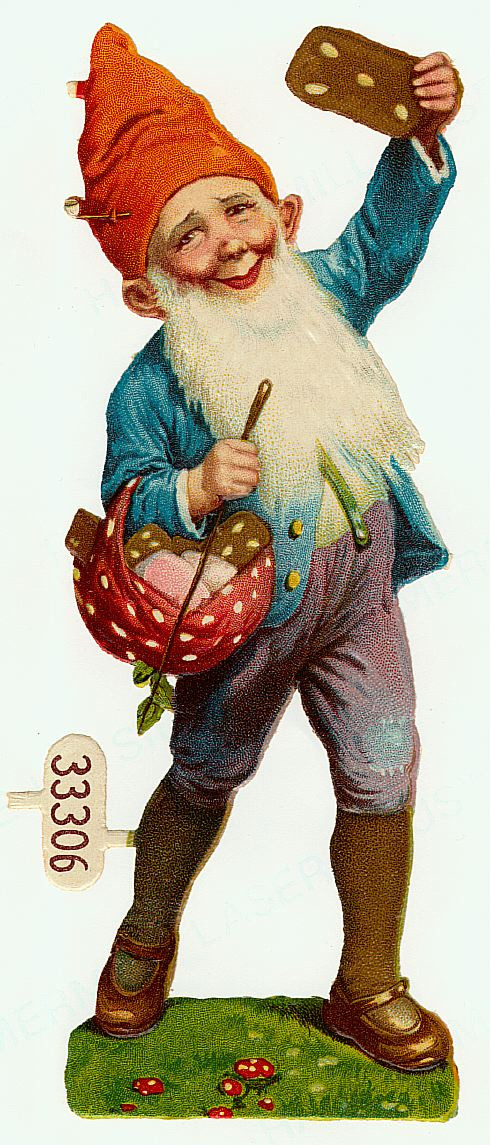 Die-cut gnome with red hat, white beard and mushroom basket — historic image