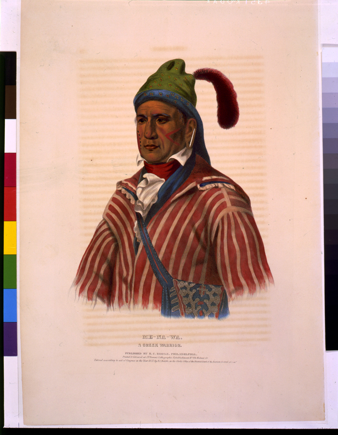 Me-Na-Wa. A Creek warrior / printed & coloured at I.T. Bowen's lithographic establishment., Philadelphia : published by E.C. Biddle, Philadelphia, c1837. — antique lithograph