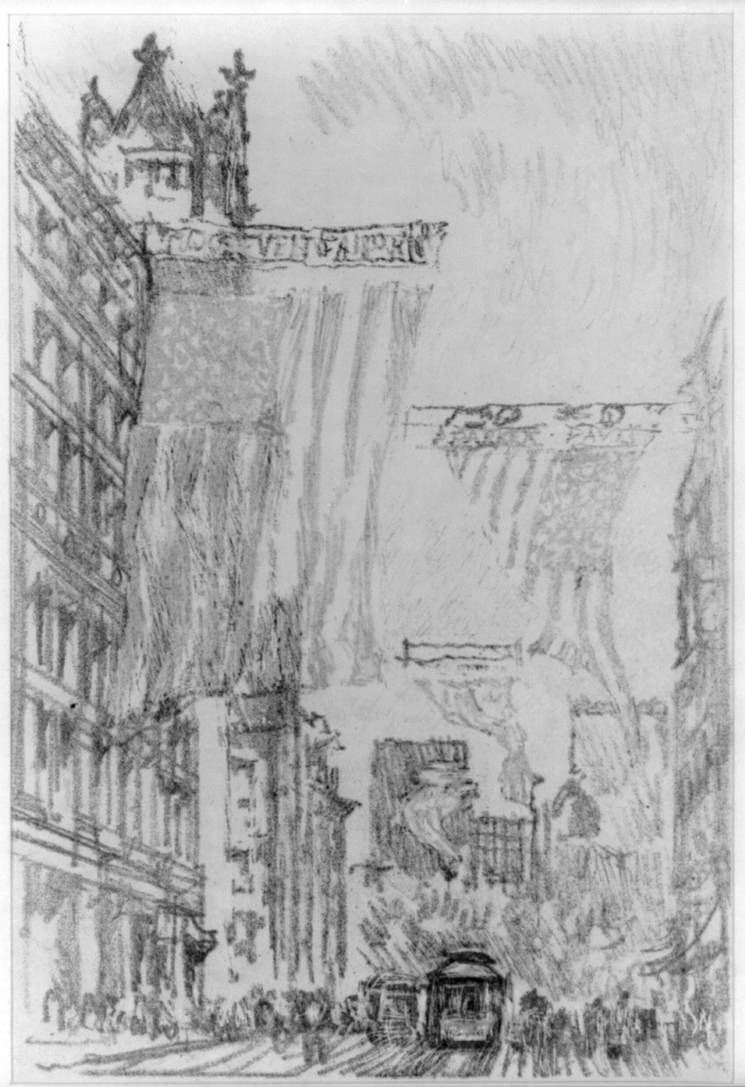 New York, flags on Broadway — antique lithograph