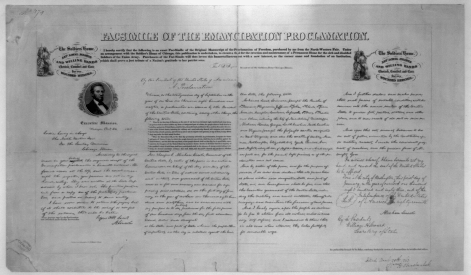 Facsimile of the Emancipation Proclamation / published and lithographed by Ed. Mendel., Chicago : Ed. Mendel, c1864. — antique lithograph