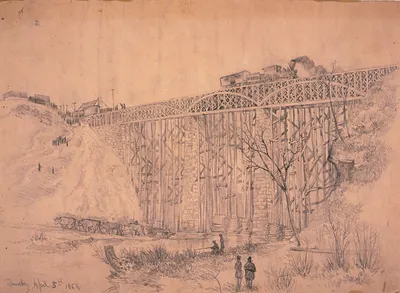 Railroad train containing President Lincoln crossing Potomac Creek bridge on his way to review the Army of the Potomac