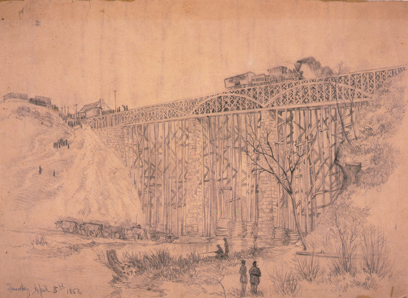 Railroad train containing President Lincoln crossing Potomac Creek bridge on his way to review the Army of the Potomac, 1863 Apr. 5. — historic drawing