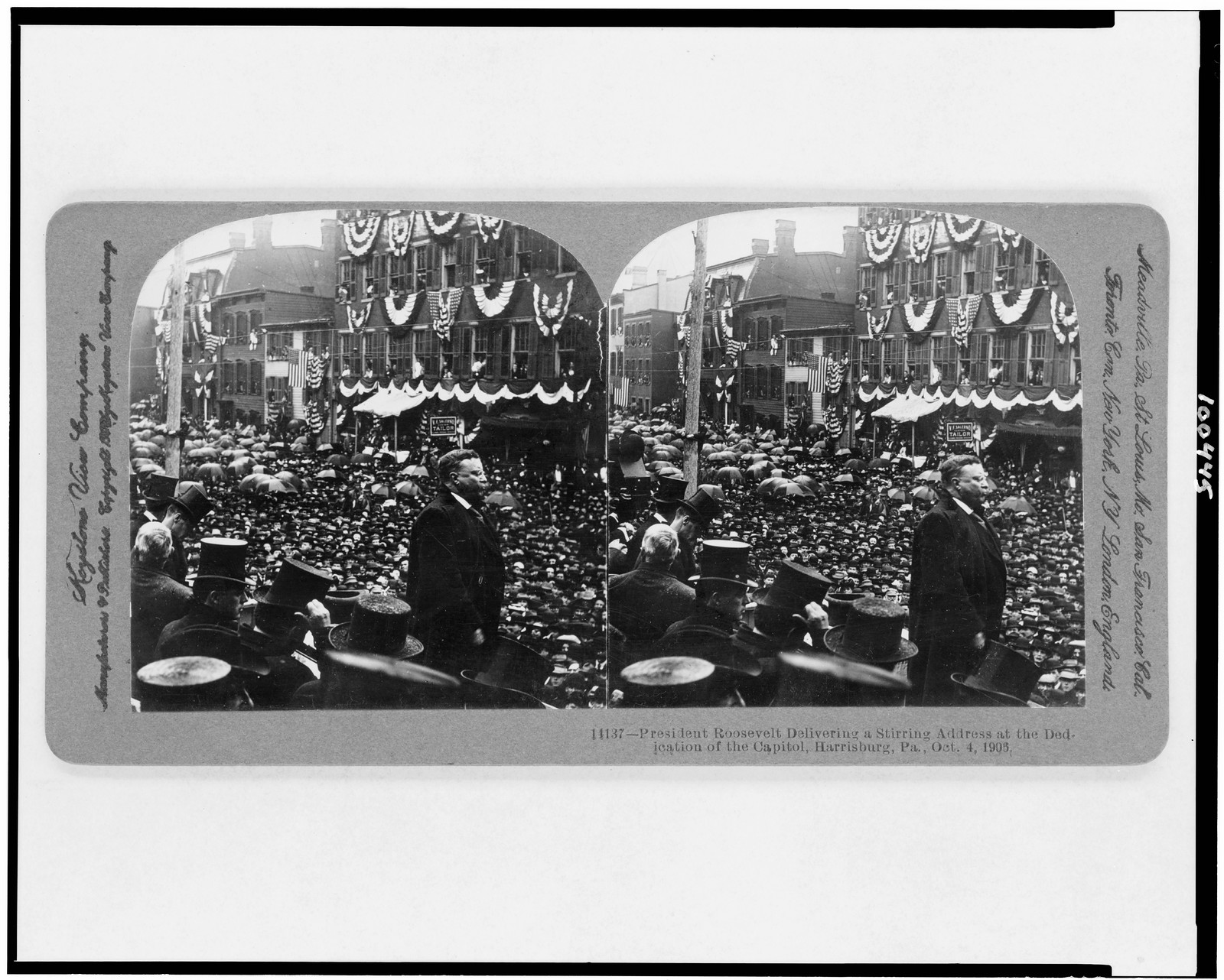 President Roosevelt delivering a stirring address at the dedication of the capitol, Harrisburg, Pa., Oct. 4, 1906, Meadville, Pa. : Keystone View Company, c1906. — historic photograph