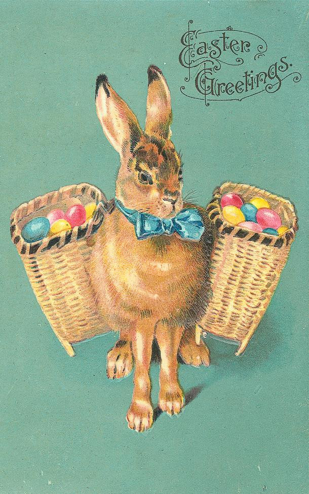 Easter Greetings with rabbit and egg baskets — historic image