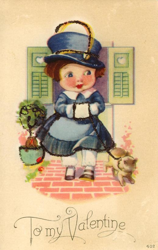 To my Valentine: child in blue hat with puppy — historic image