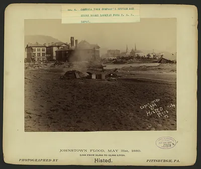 Cambria Iron Company's office an store rooms looking from P.R.R. depot, Johnstown Flood, May 31st, 1889