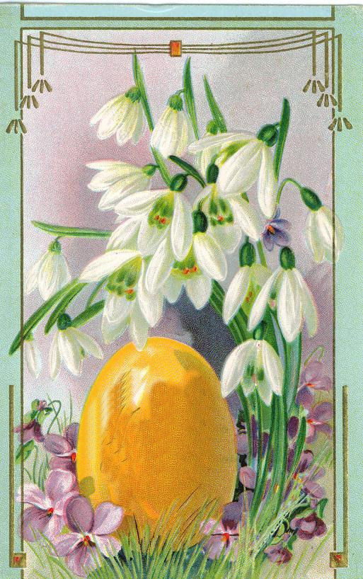 Easter greeting card with snowdrops, violets and a golden egg — historic image