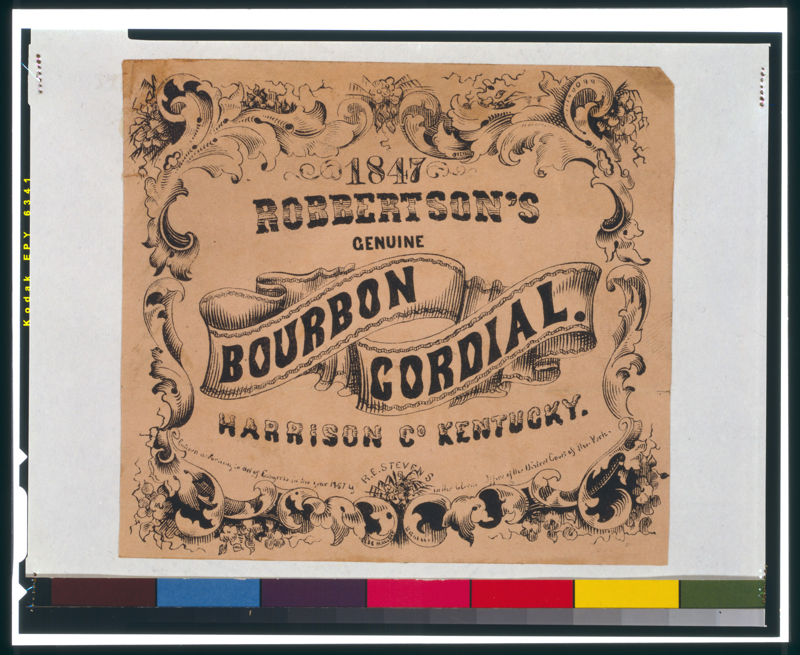 Robertson's Genuine Bourbon Cordial, Harrison Co., Kentucky / R.E. Stevens ; Lee Mallory., c1857. — antique lithograph