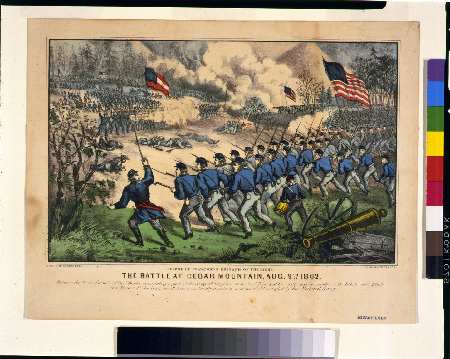 The battle at Cedar Mountain, Aug. 9th, 1862 Charge of Crawford's Brigade on the right., New York : Published by Currier & Ives, [between 1862 and 1872] — antique lithograph