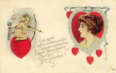 Valentine postcard with cupid, woman in heart, and verse