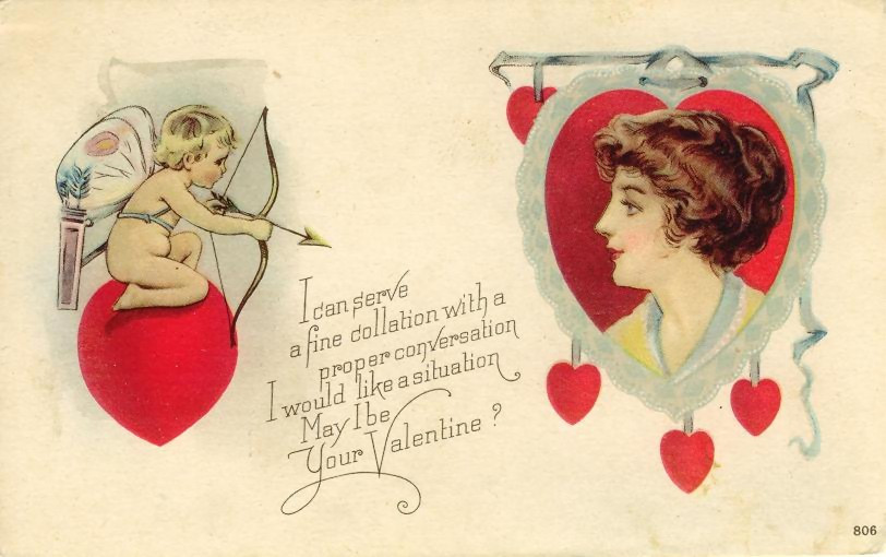 Valentine postcard with cupid, woman in heart, and verse — vintage postcard