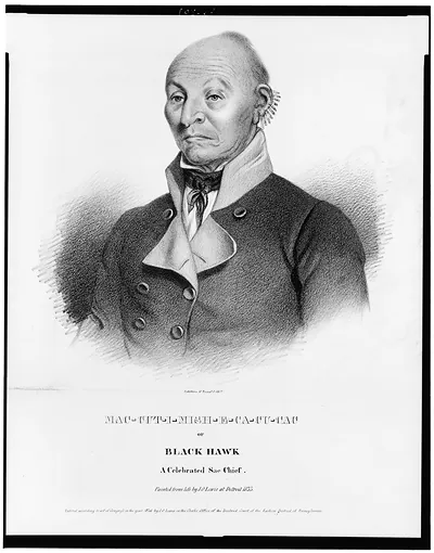 Mac-cut-i-mish-e-ca-cu-cac or Black Hawk, a celebrated Sac chief / painted from life by J.O. Lewis at Detroit, 1833 ; Lehman & Duval lithrs.