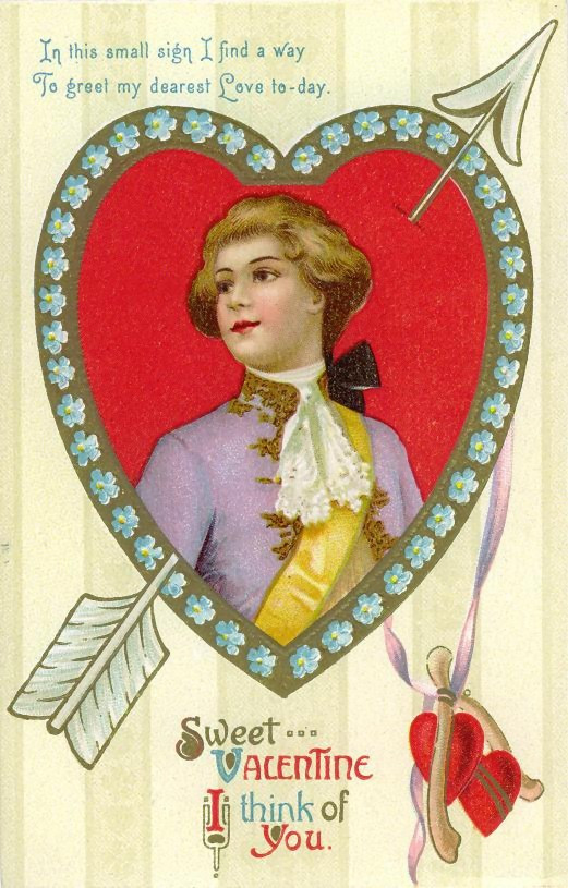 Sweet Valentine, I Think of You, heart-framed card — historic image