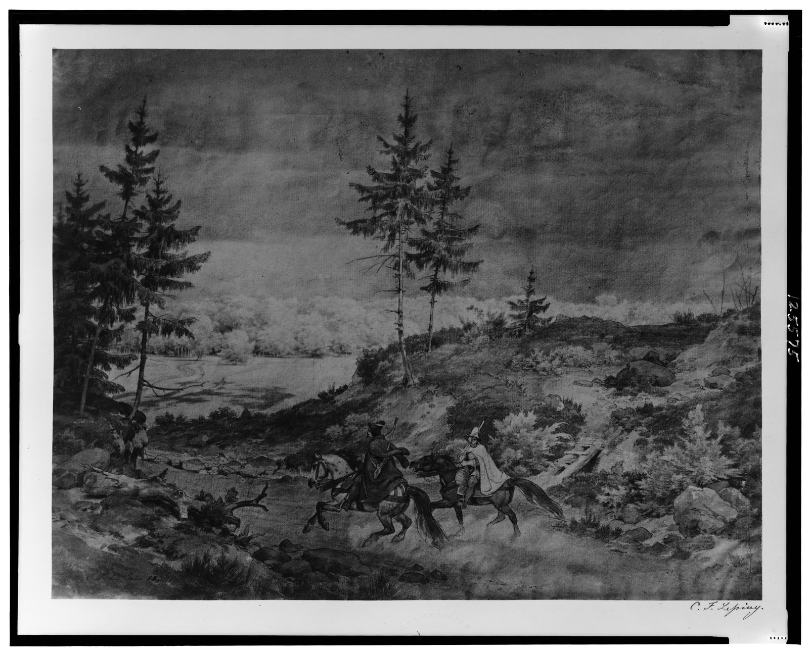 [Landscape with two hunters(?) on horseback] / C.F.L. Janr. 1834., [between 1850 and 1900] — historic photograph