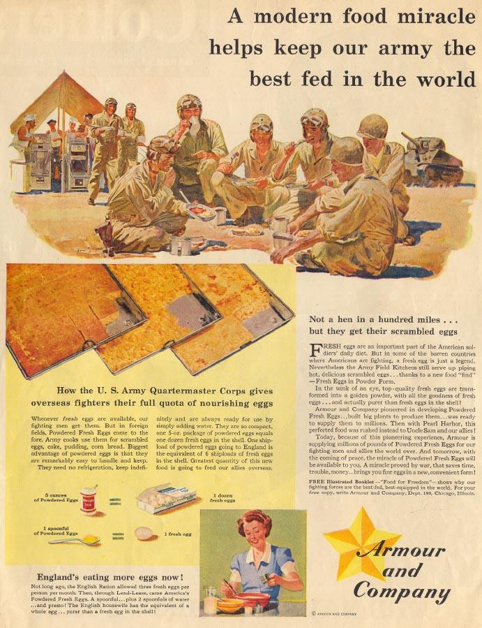 Armour and Company wartime ad: powdered eggs for army — historic image