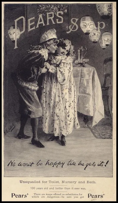 Pears' Soap advertisement with two children, "We won't be happy till we get it!
