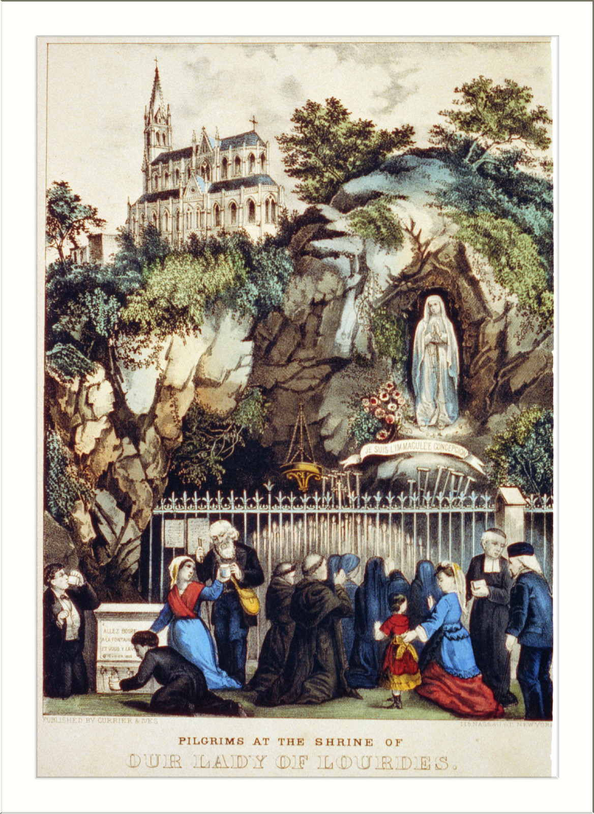 Pilgrims at the Shrine of Our Lady of Lourdes, New York : Published by Currier & Ives, [between 1856 and 1907] — antique lithograph