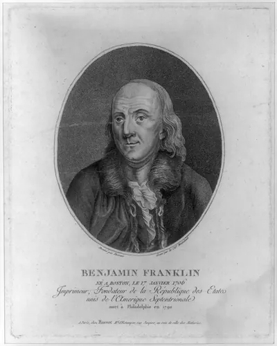 Benjamin Franklin - né a Boston, le 17 Janvier 1706 / dessiné par Desrais ; gravé par la Cite. Montaland.