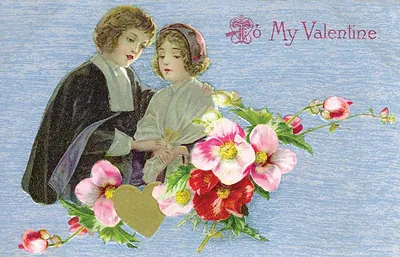 Valentine card reading 'To My Valentine' with figures and flowers