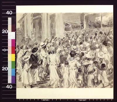Crowd of people in a sunlit street, brown wash drawing