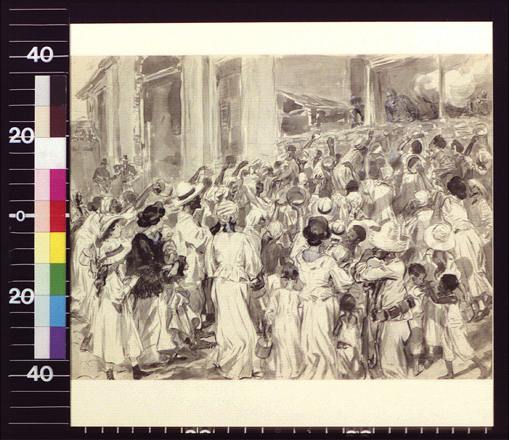 Crowd of people in a sunlit street, brown wash drawing — historic drawing