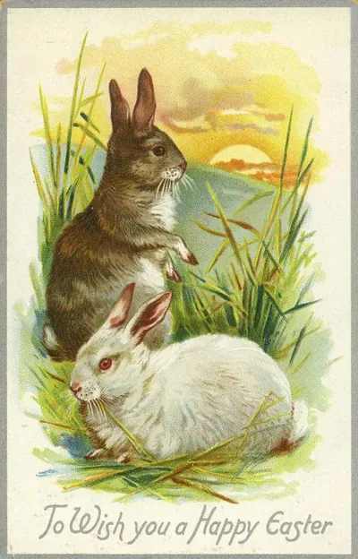 To Wish you a Happy Easter, with two rabbits in grass