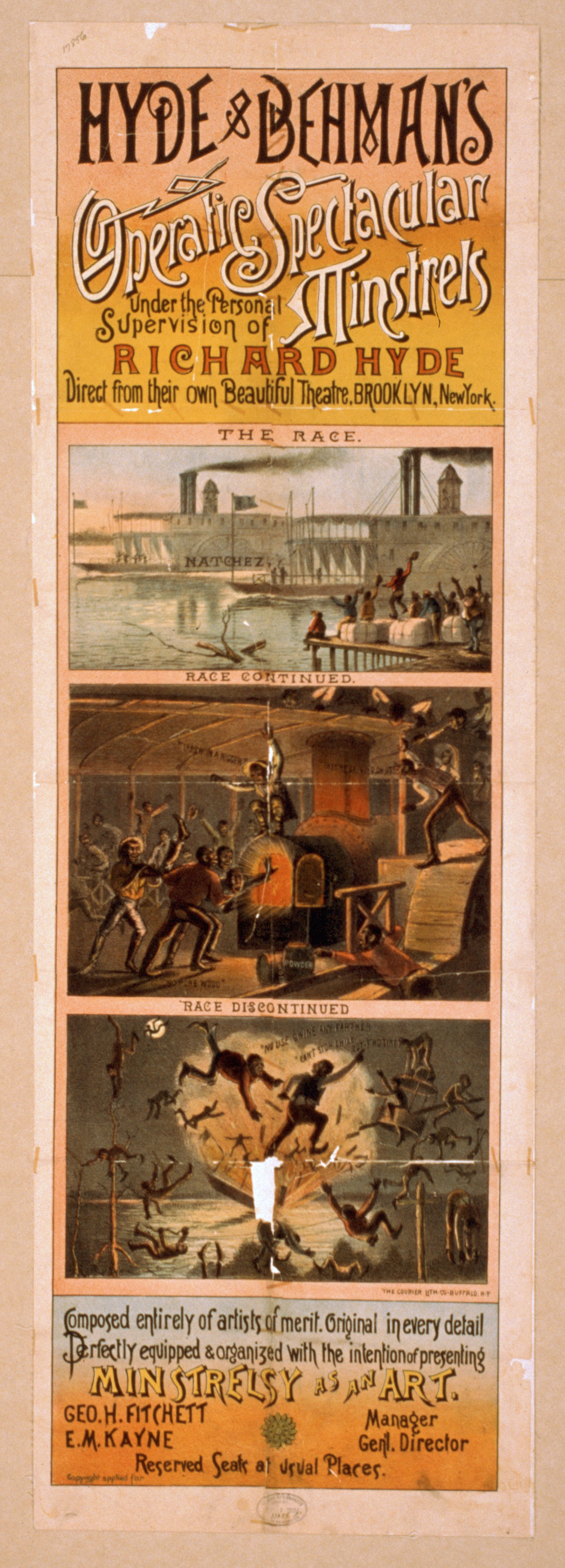 Hyde & Behmans Operatic Spectacular Minstrels under the personal supervision of Richard Hyde direct from their own beautiful theatre Brooklyn New York., 1884 — vintage poster