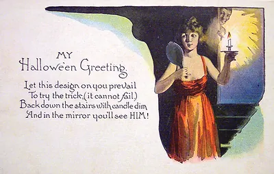 My Halloween Greeting postcard: woman with mirror and candle