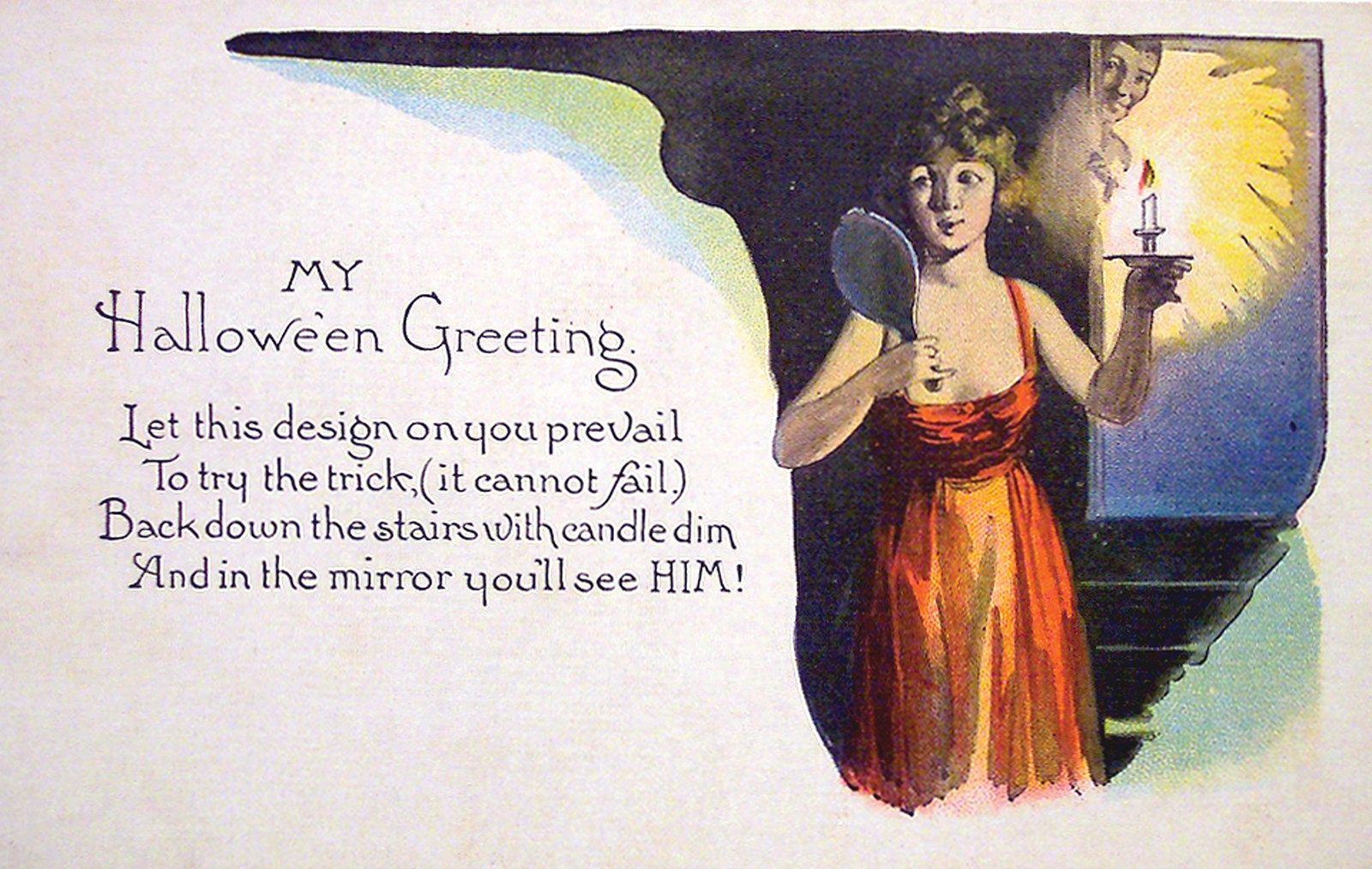 My Halloween Greeting postcard: woman with mirror and candle — vintage postcard