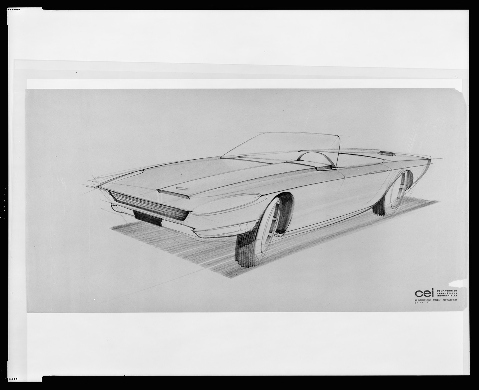 [Design drawing for Avanti automobile, front view from driver's side], [19]61. — historic drawing