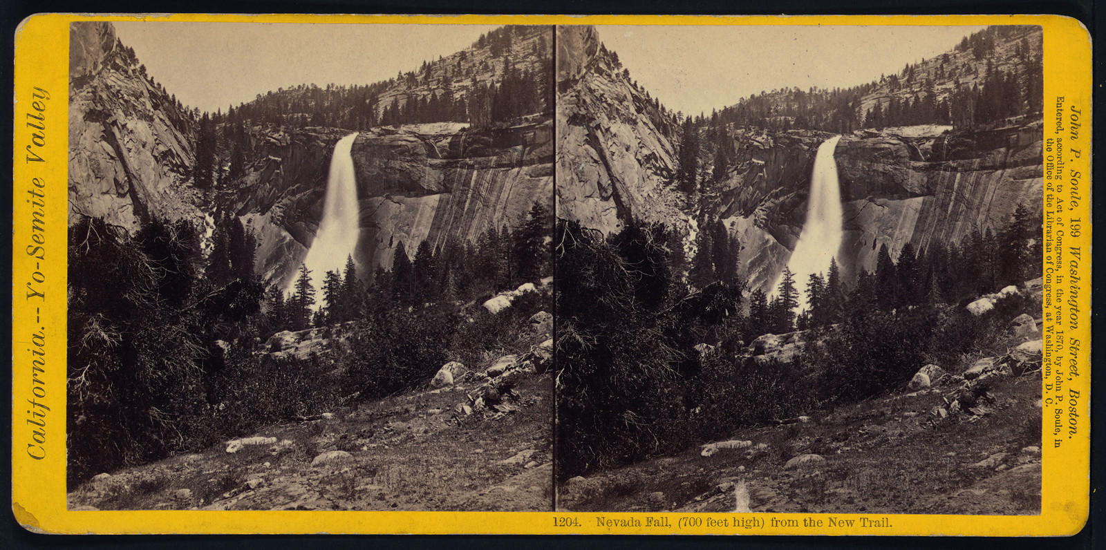 Nevada Fall (700 feet high) from foot bridge after snow storm in July, 1870 — historic photograph