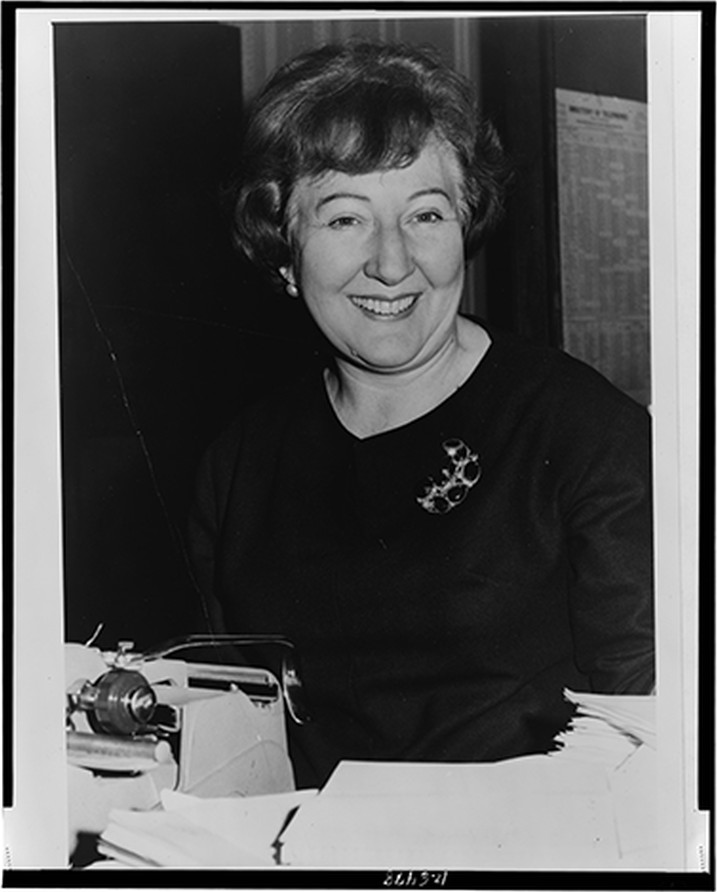 [Sarah McClendon, half-length portrait, seated at typewriter, facing front] — historic photograph