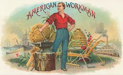 American Workman cigar label with a worker and tools