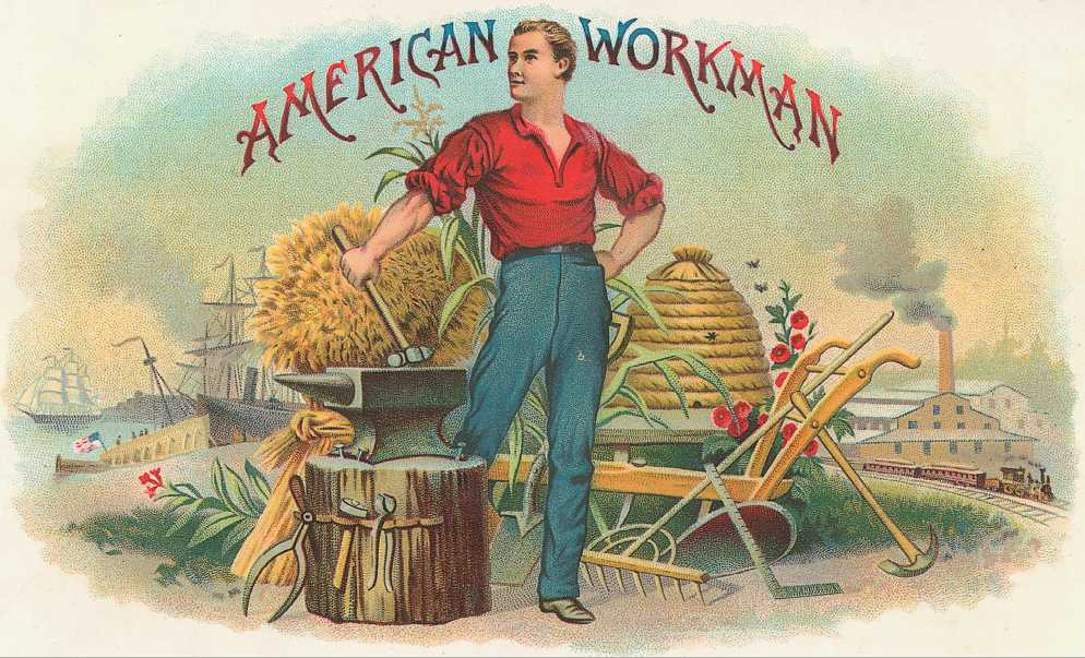 American Workman cigar label with a worker and tools — historic image