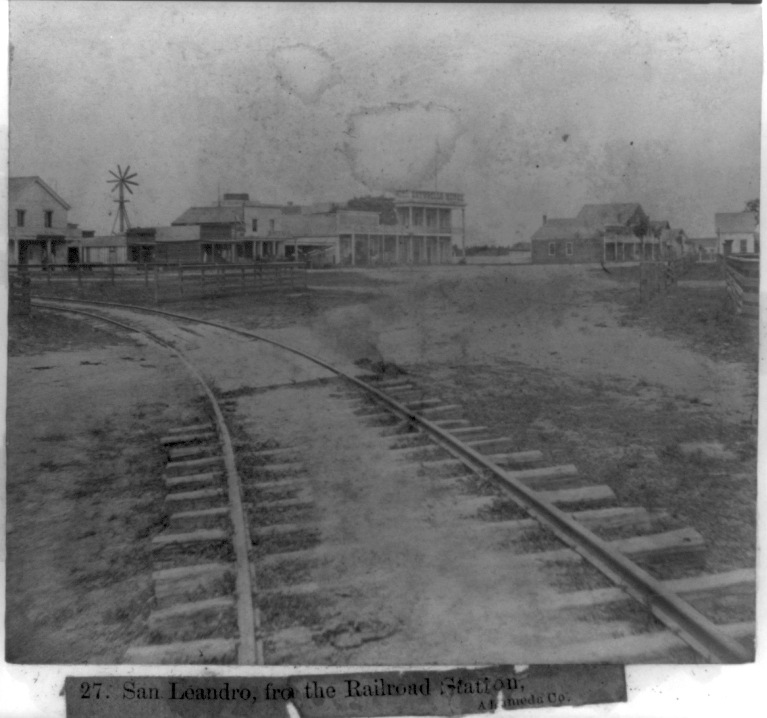 San Leandro, from the Railroad station, Alameda County, [published 1866] — historic photograph