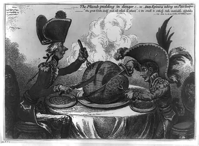 The Plumb-pudding in danger, or, State epicures taking un petit souper ... / Js. Gillray, inv. & fecit.